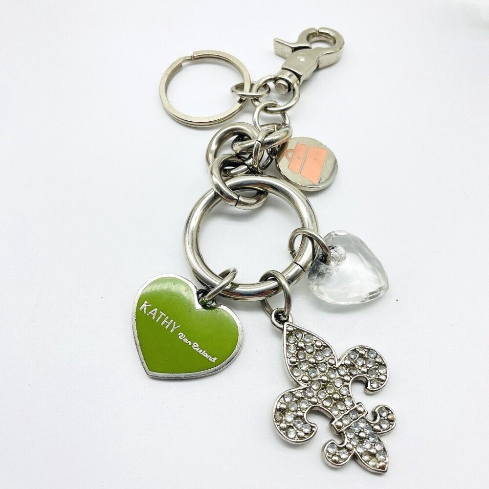 Signed KATHY VAN ZEELAND Rhinestone Fleur de Lis Heart Keychain Purse Charm Y2K